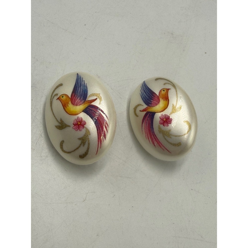 Vintage Hand Painted Bird of Paradise Oval Clip On Earrings White Gold Tone